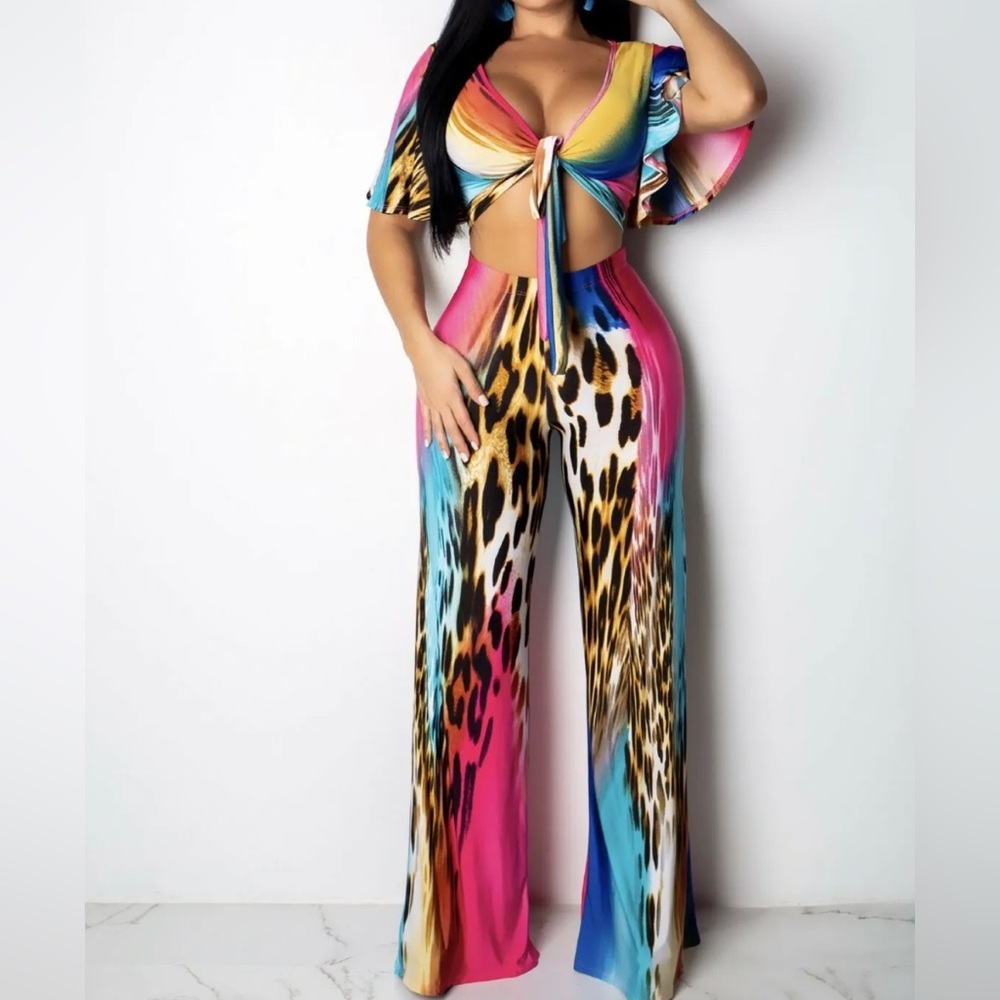 Leopard Print Bright Multi Colored Two Piece Pant… - image 1